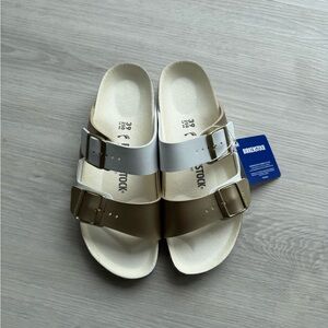 Birkenstock Arizona split Birko-Flor White/Gold Sandals